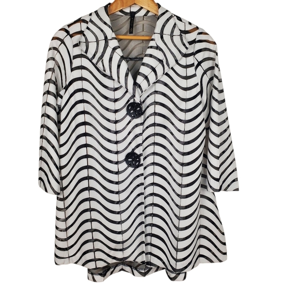 IC By Connie K Women's Black & White Semi-Sheer/Faux Leather Zig Zag Jacket. SM